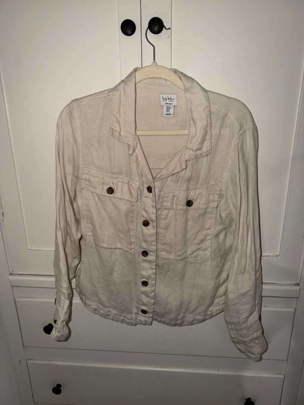 Nicole Miller Linen Cream Button-Front Women's Jean Jacket
